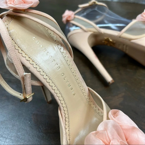 Charlotte Olympia Fleur Platform Sandals Heels Organza Flowers Pink Nude 38 1/2 - Picture 10 of 16